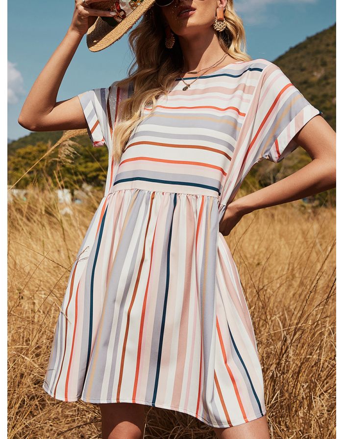 Summer Dress Loose Short Sleeve Round Neck Multicolor Striped Casual A-Line Dresses