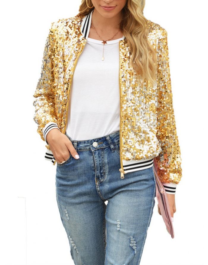 Fall Winter New Sequins Baseball Jacket Stitching Long Sleeve Zipper Women Coat
